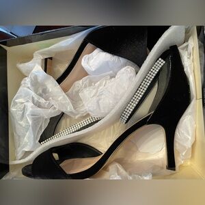 NIB - I. Miller Dressy Black Suede and Rhinestone Ankle Peep Toe Heels